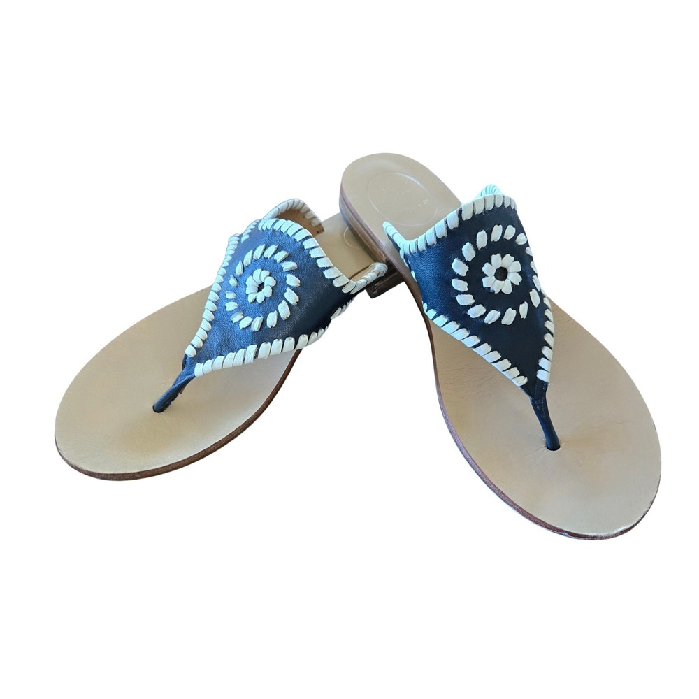 Jack Rogers Women's 8M Classic Chic Sandals Midnight/White Leather Whipstitch